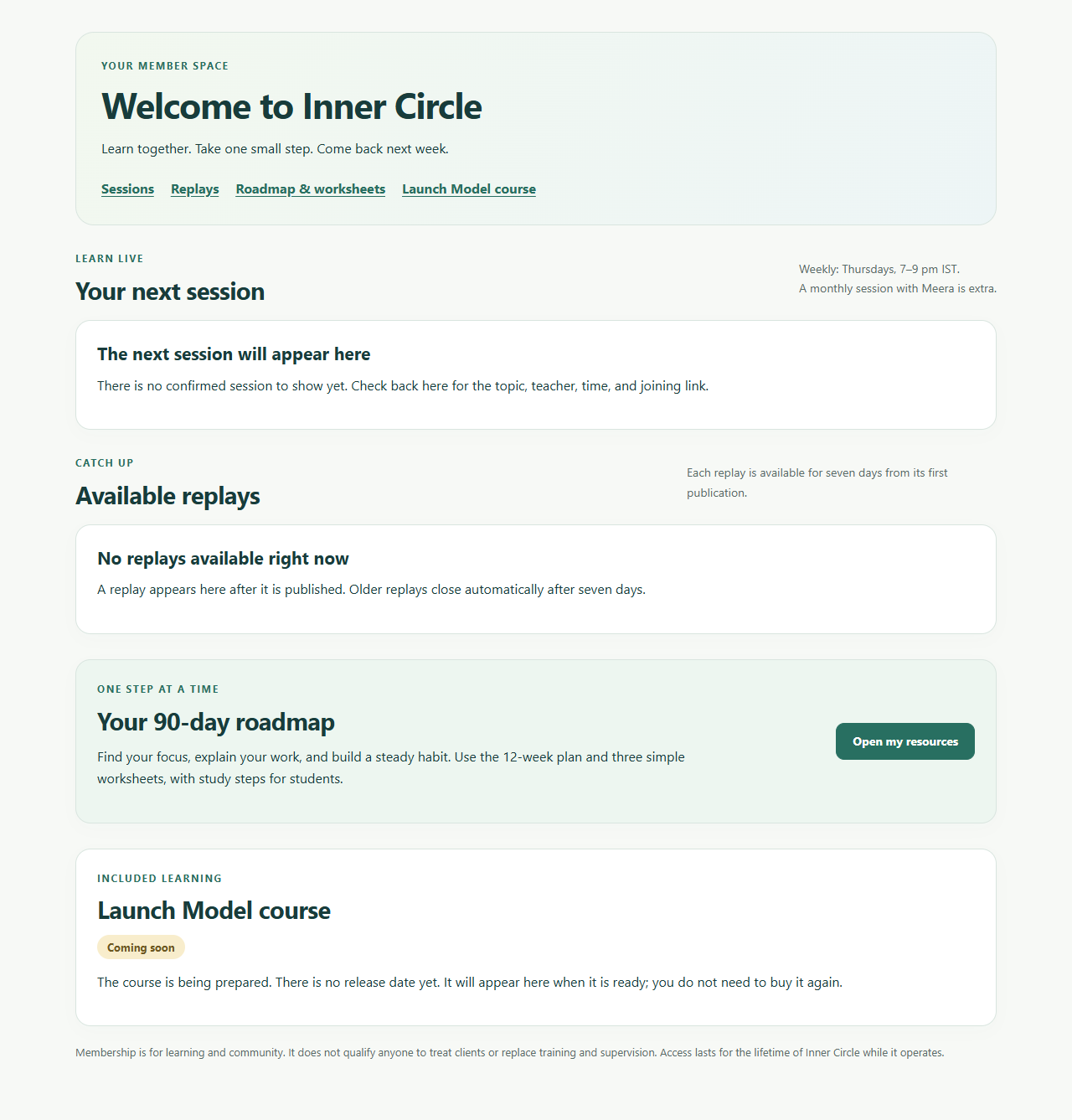 Actual Inner Circle member page showing the sessions, replays and resource links in an empty preview